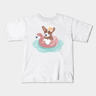 Summer pool pawty // aqua background welsh corgi dog breed in vacation playing on swimming pool Kids T-Shirt